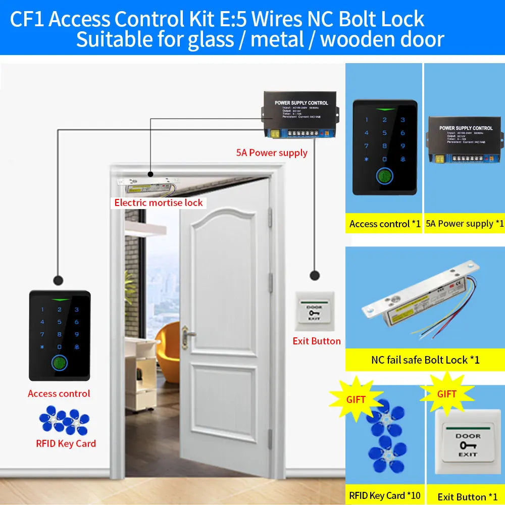 Black access control kit with metal bolt lock, fingerprint keypad, power supply, exit button, and ten RFID key cards.