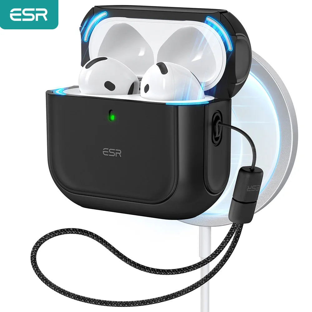 ESR black protective case for AirPods 3 with integrated lanyard, wireless charging compatible.