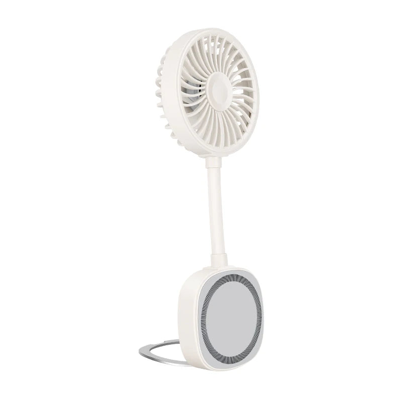 White portable desk fan with flexible neck, circular base, and foldable ring stand on a plain white background.