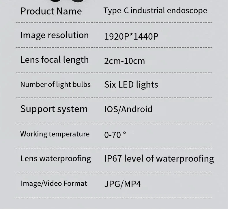 Specifications list for a USB-C industrial endoscope with 1440p resolution, LED lighting, and IP67 waterproofing.