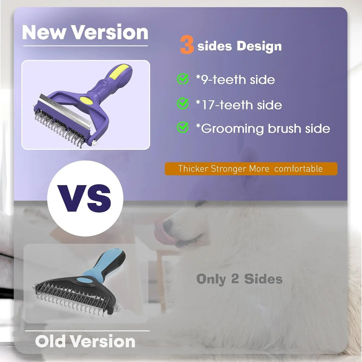 Purple and yellow 3-in-1 pet grooming brush featuring a deshedding rake with dual tooth sides and an ergonomic handle.