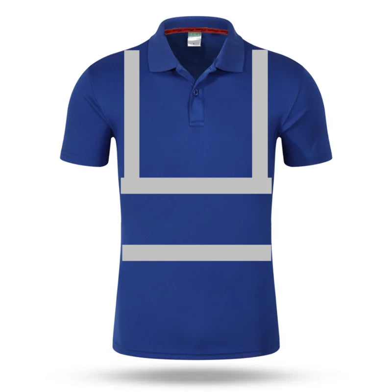 Blue high-visibility work polo shirt with reflective silver stripes on the chest and torso.