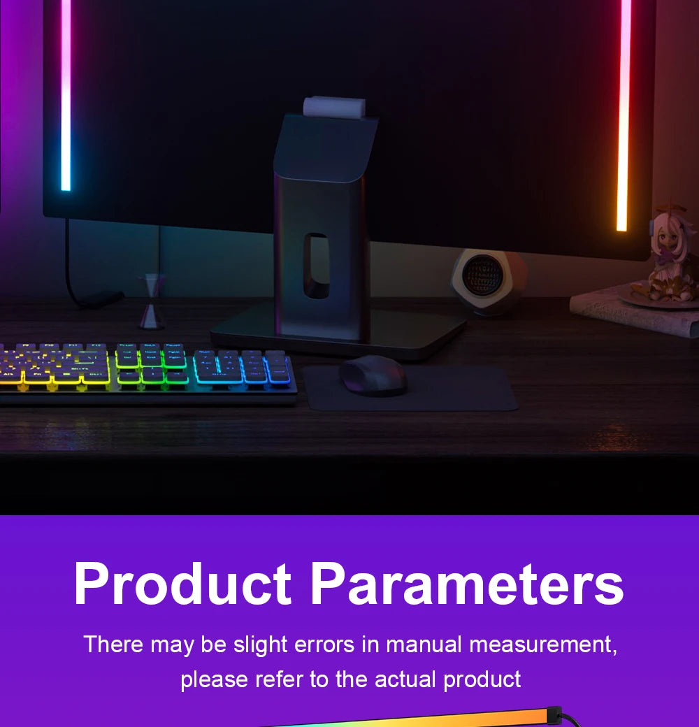 Smart LED light strip mounted on the back of a monitor, casting colourful ambient lighting onto the wall.