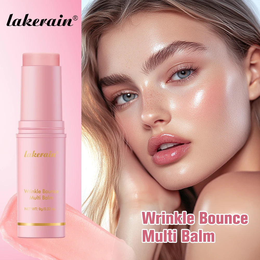Pink wrinkle bounce multi-balm stick with a smooth, hydrating texture, shown with a model sporting a dewy finish.