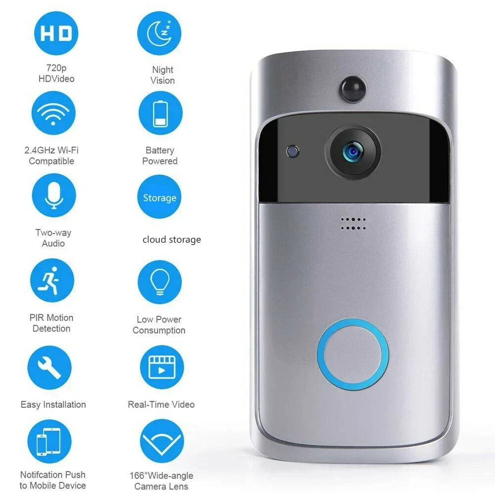 Silver wireless smart video doorbell with blue light button, HD camera, motion detection, and app connectivity icons.
