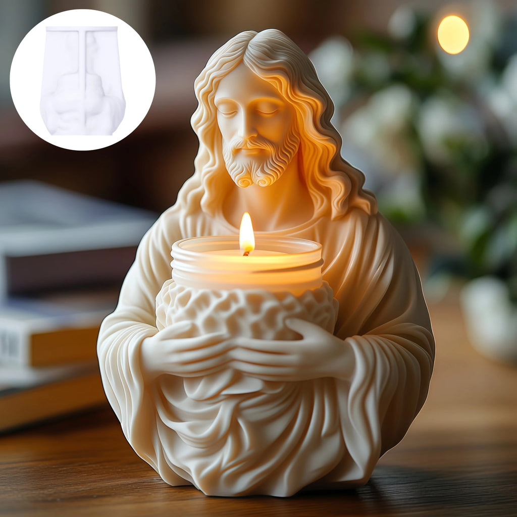 Beige Jesus candle holder resin mould, shaped like a figure holding a textured bowl with a lit candle.