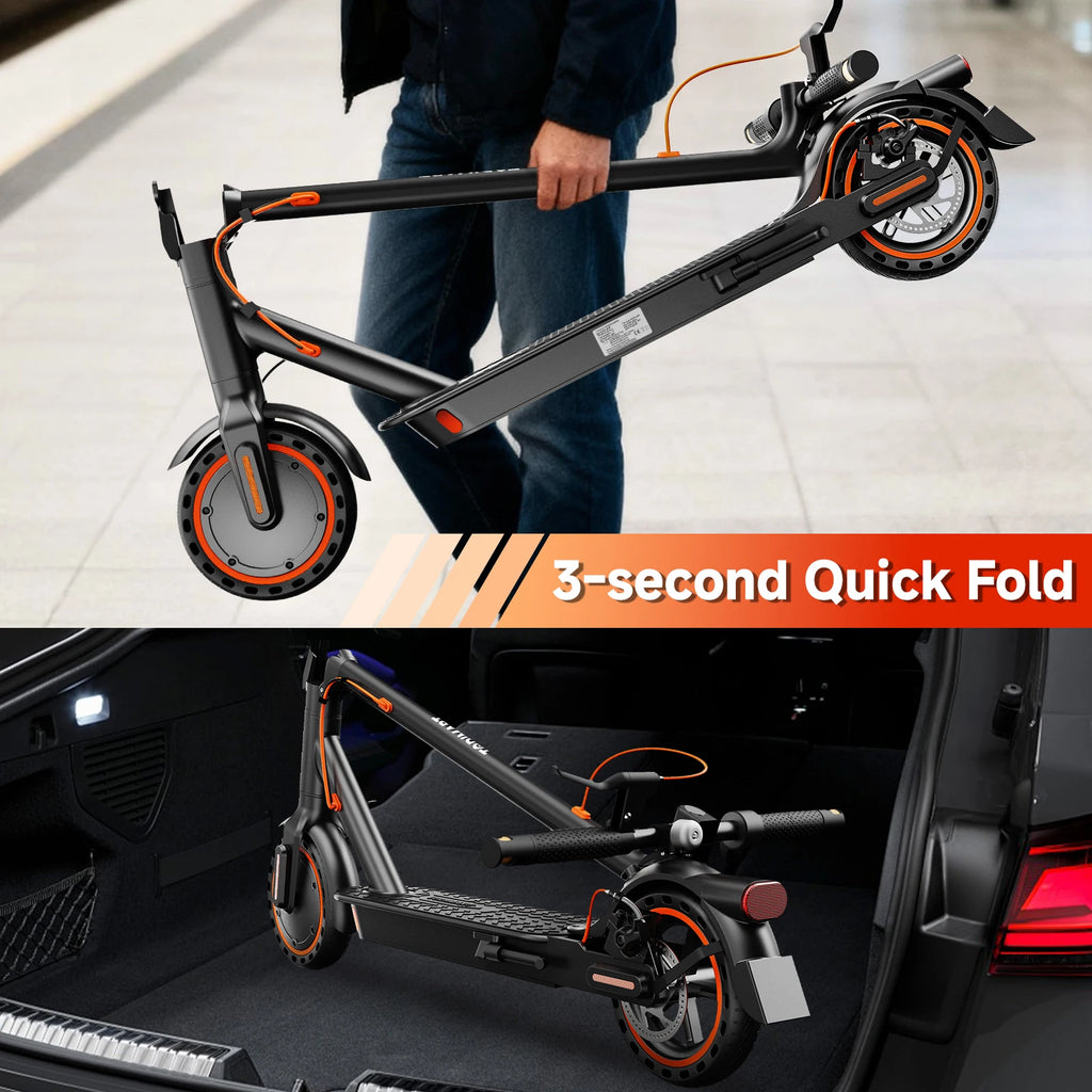 Black foldable electric scooter with orange accents, shown carried and stored in a car trunk.