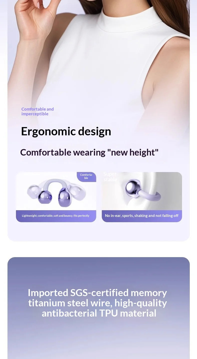 Ergonomic purple clip-on earphones with a lightweight, flexible design, shown being worn comfortably on an ear.