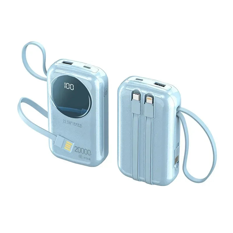 Pale blue 20,000mAh power bank with LED display, 22.5W fast charging, built-in cables, and a carry strap.