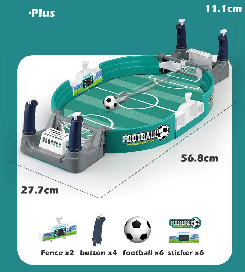 Tabletop football game set with green pitch, two goals, manual scoreboards, and six miniature footballs.