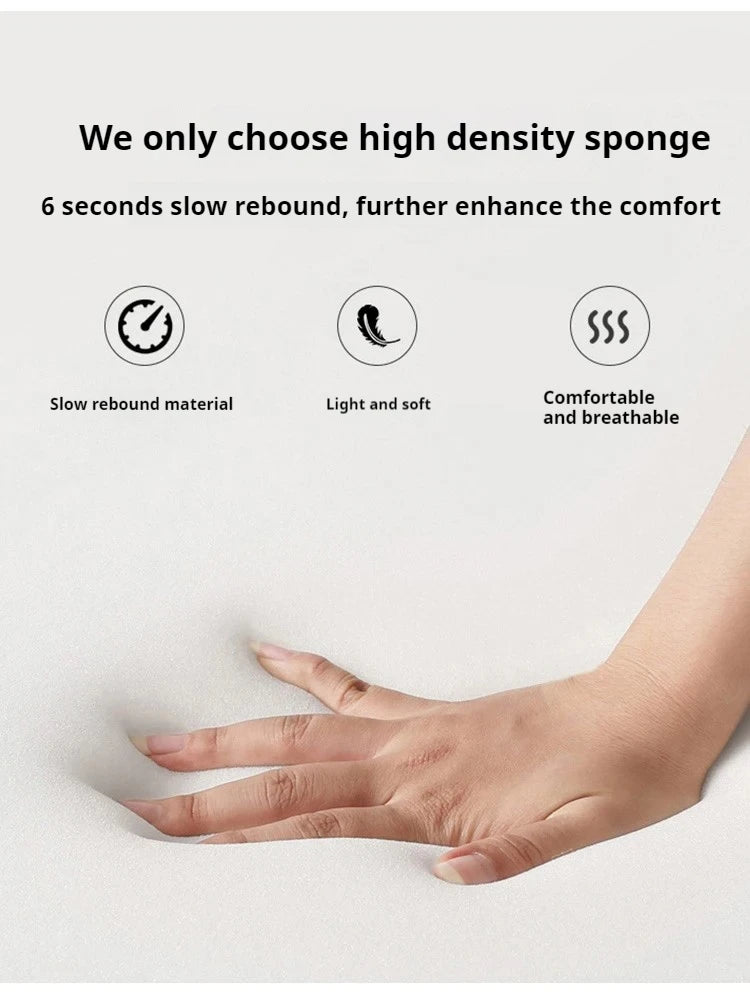 A hand pressing into white, high-density memory foam to demonstrate its slow-rebound comfort and breathable texture.