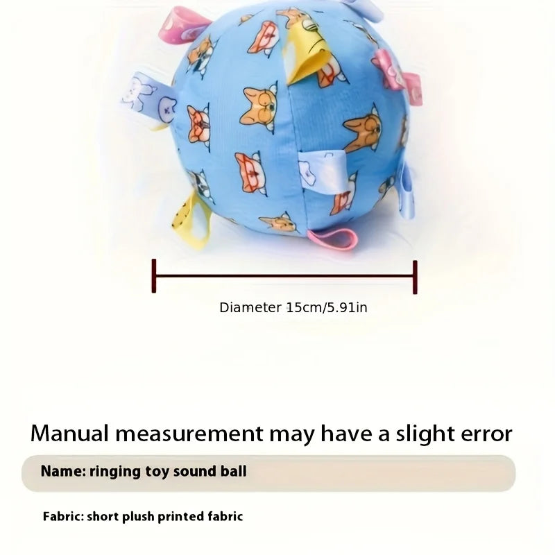 Blue plush dog ball with cute animal prints, featuring colourful fabric ribbon tags and a 15cm diameter.