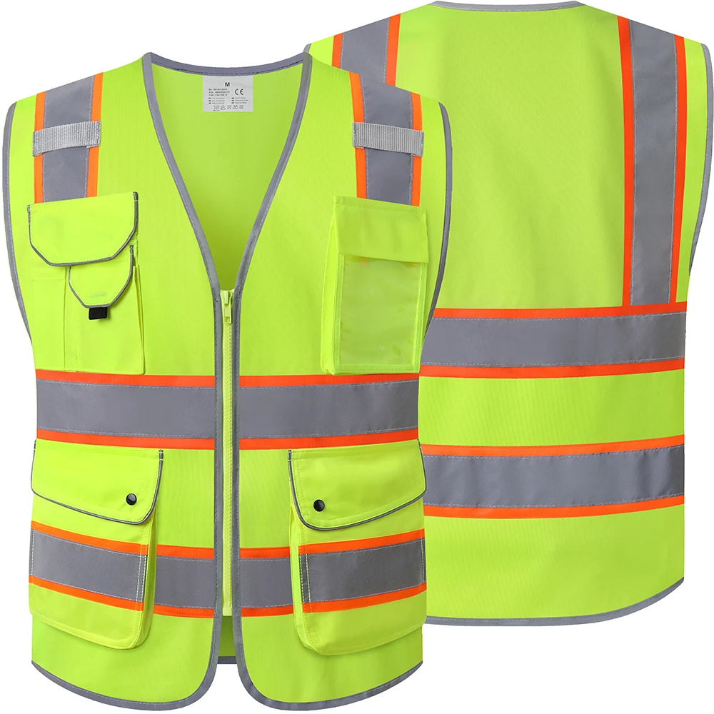 High-visibility yellow workwear vest with reflective silver strips, orange trim, and multiple front utility pockets.