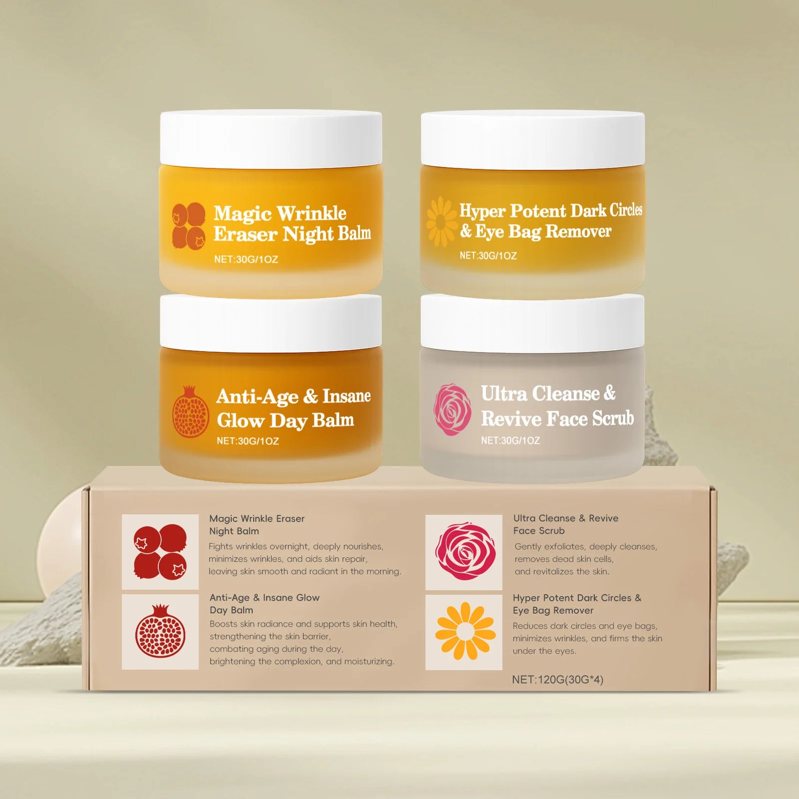 Four glass jars of skincare creams and a face scrub with white lids, displayed with their matching ingredient box.