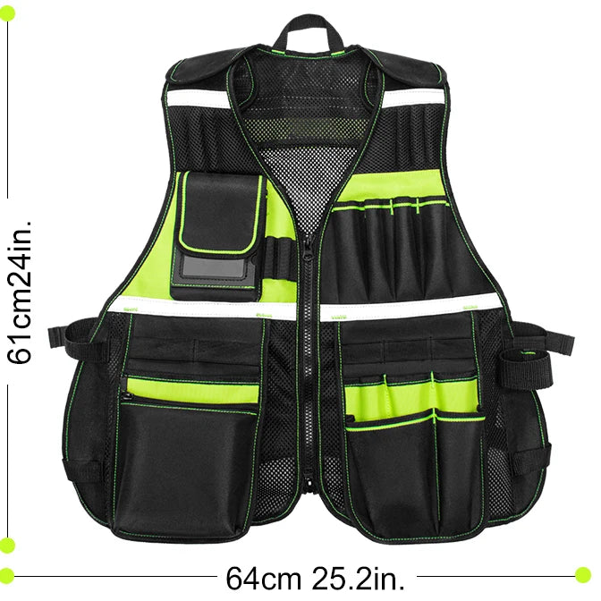 Black and hi-vis green heavy-duty tool vest featuring multiple pockets, zipped compartments, and reflective strips.