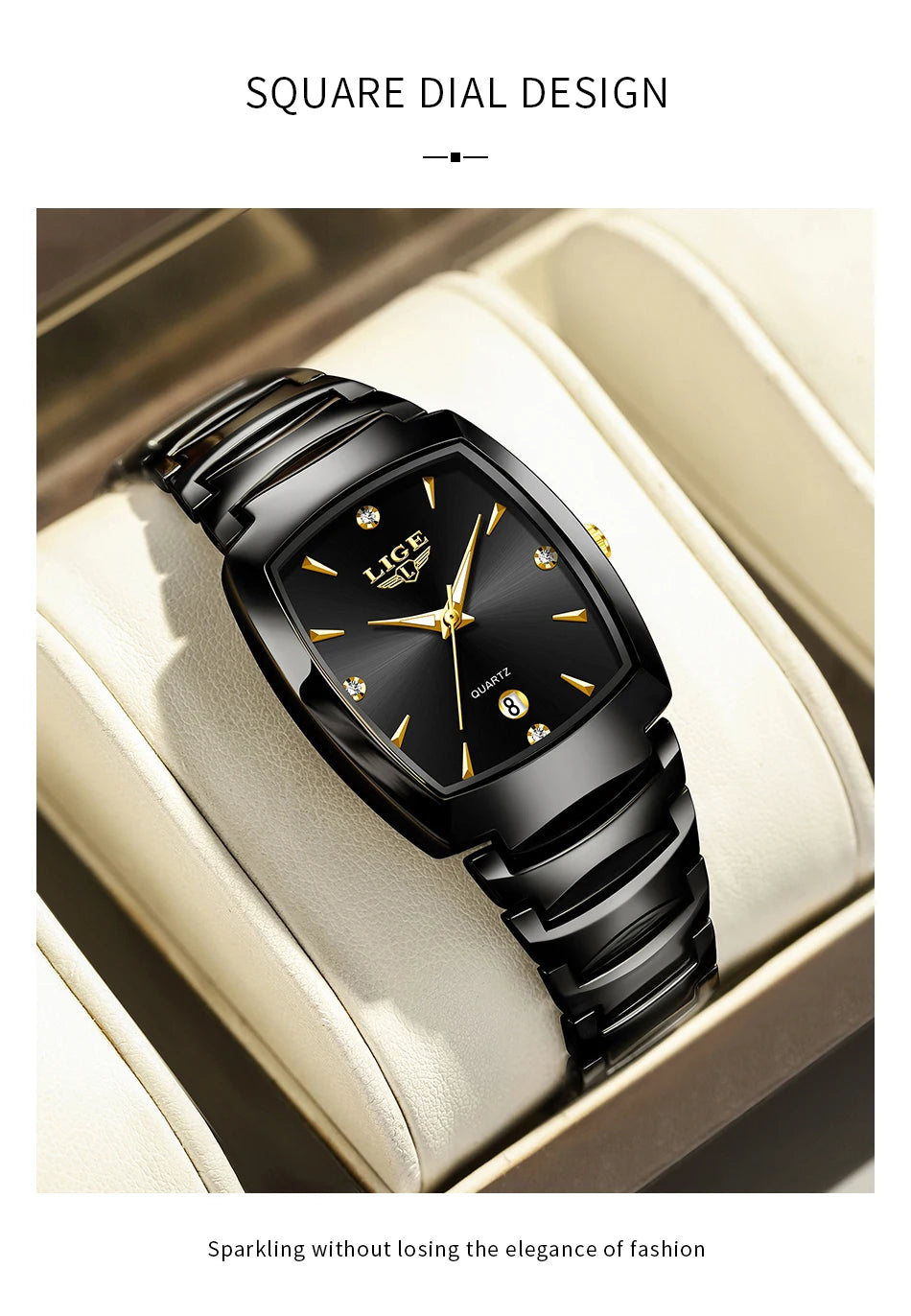 Elegant ladies' black stainless steel quartz watch with a square dial, gold indices, stone accents, and date window.