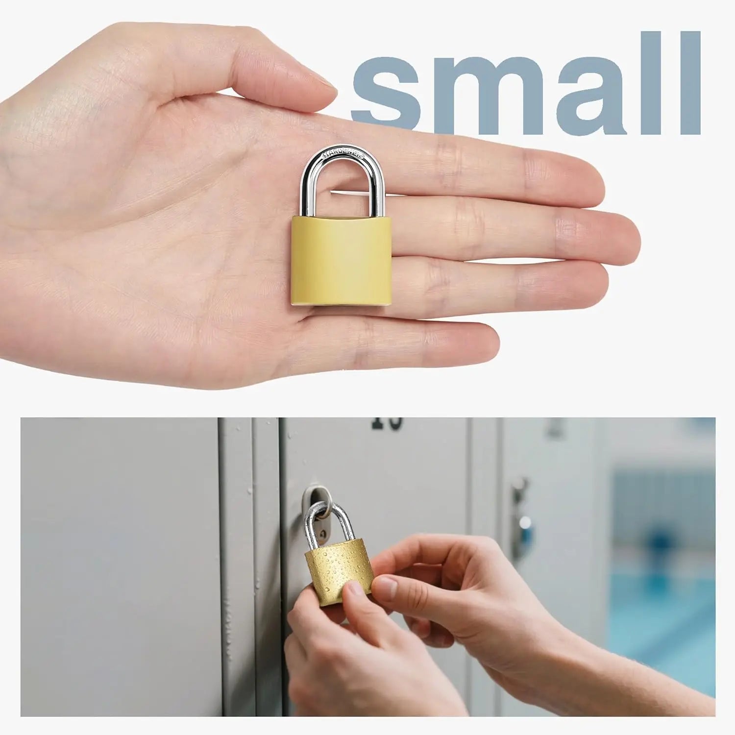 Small gold-colored metal padlock with a silver steel shackle, held in a hand and locking a metal locker.