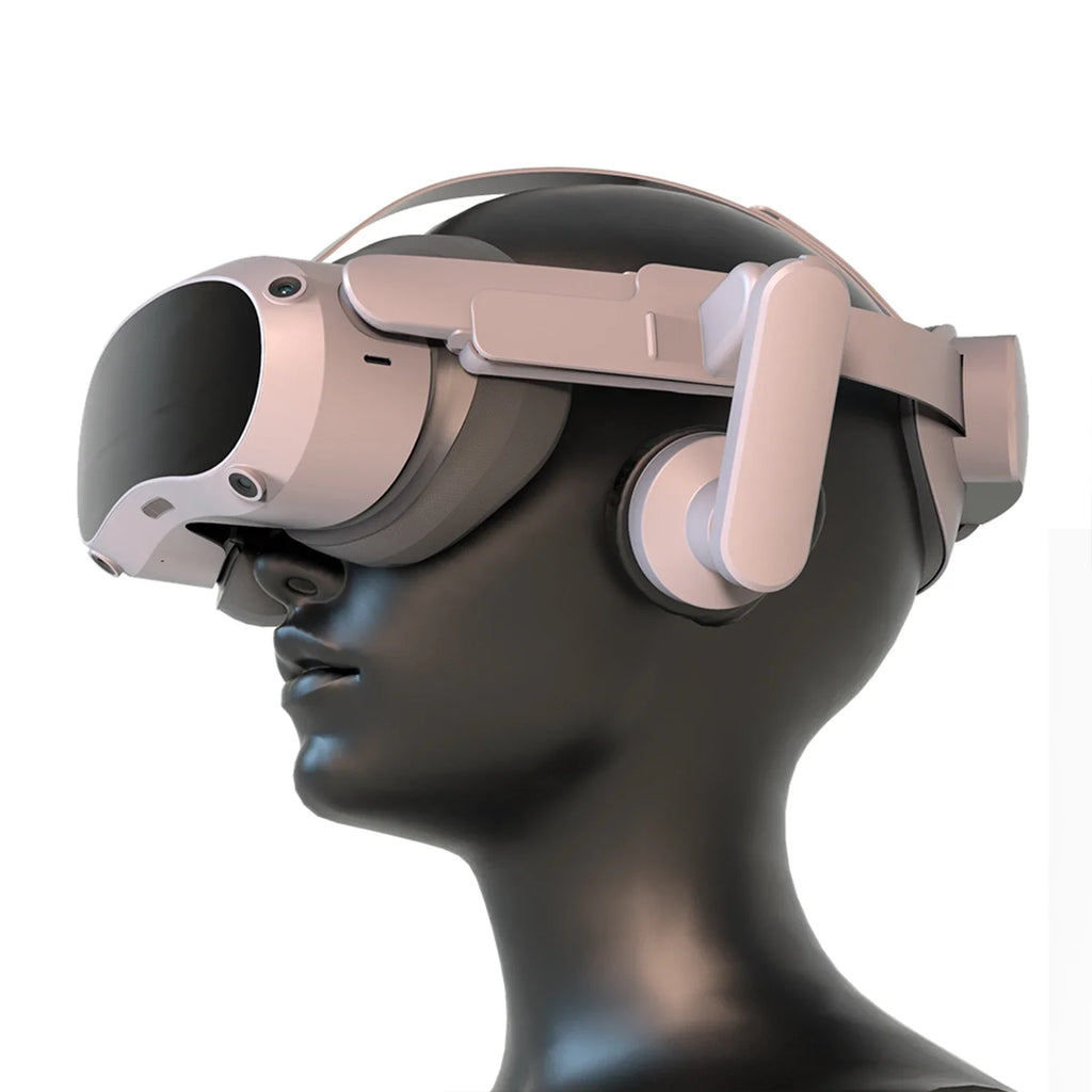 Grey ear muff attachments fitted to a VR headset on a mannequin head, providing an ergonomic, integrated sound solution.