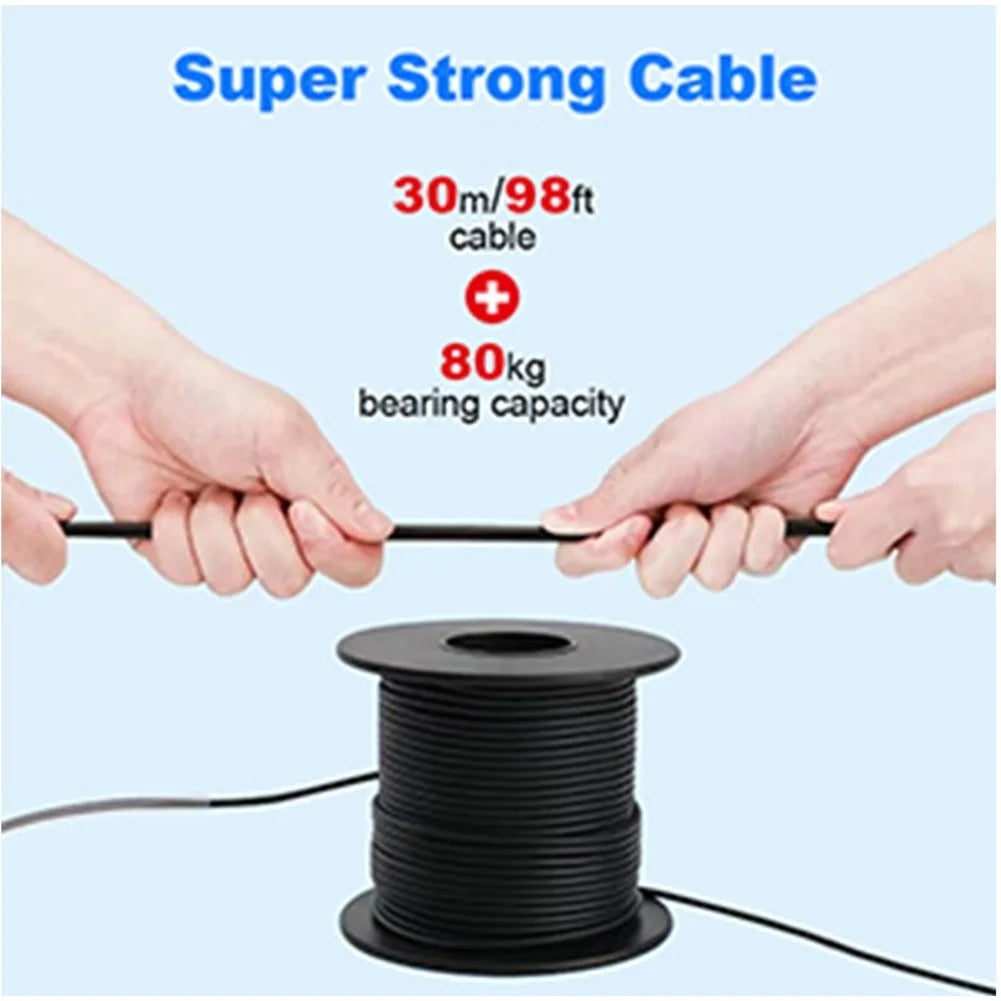 Hands pulling a 30m black fishing camera cable, showing its 80kg load capacity and durable reel.