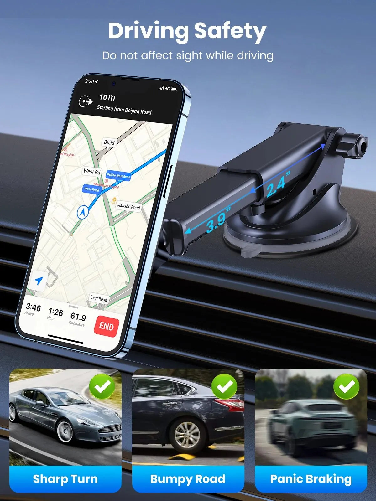 Black adjustable car phone mount with a suction base, holding a smartphone with a navigation map on a dashboard.