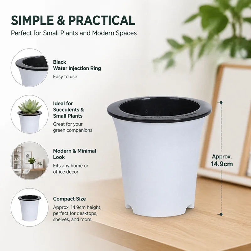 A white and black double-layer self-watering desktop flowerpot with infographic details on a wooden surface.