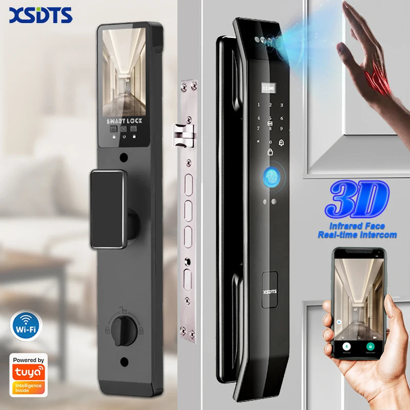 Black smart lock with camera display, keypad, fingerprint scanner, and companion app shown on phone.