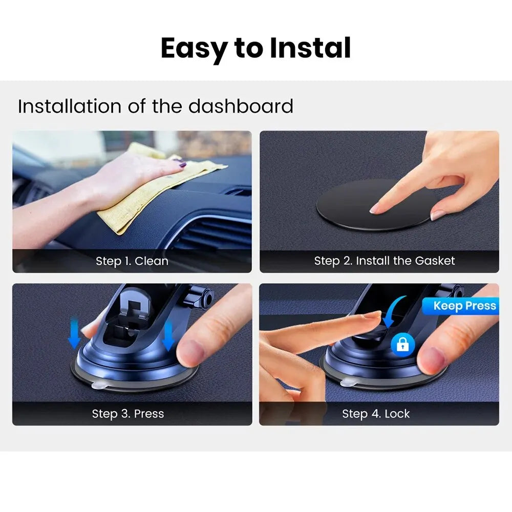 Four-step installation guide for a blue car dashboard phone mount with a suction cup base and adhesive gasket.