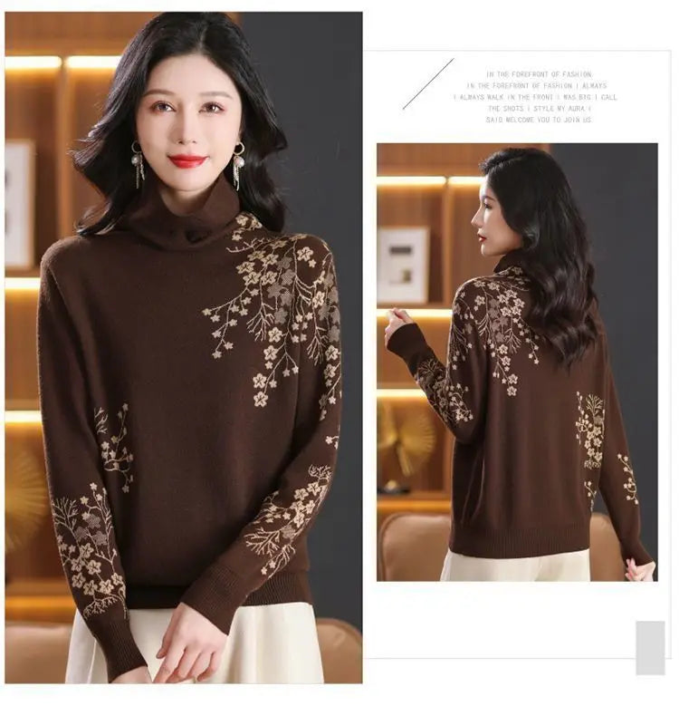 Model wearing a brown turtleneck jumper with delicate floral embroidery on the shoulder and sleeves.