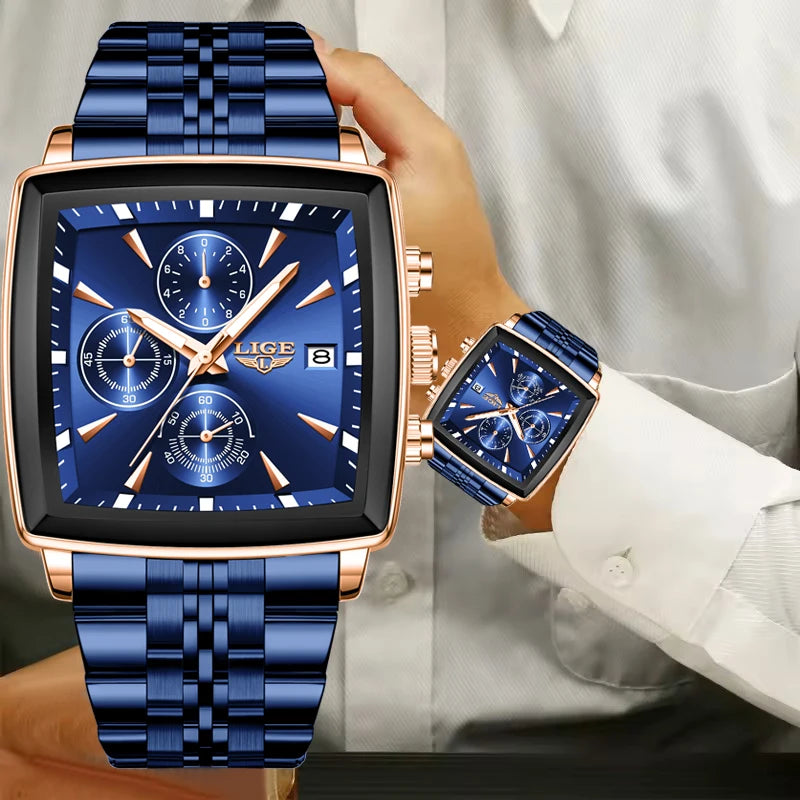 Blue square quartz watch with rose gold case, chronograph sub-dials, and blue link bracelet on wrist.