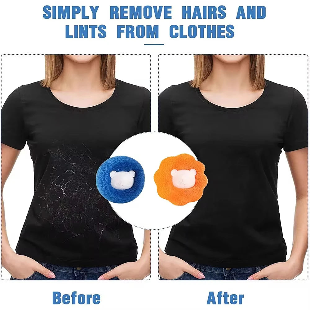 Before and after comparison of a black t-shirt cleaned of lint using blue and orange bear-shaped laundry sponges.