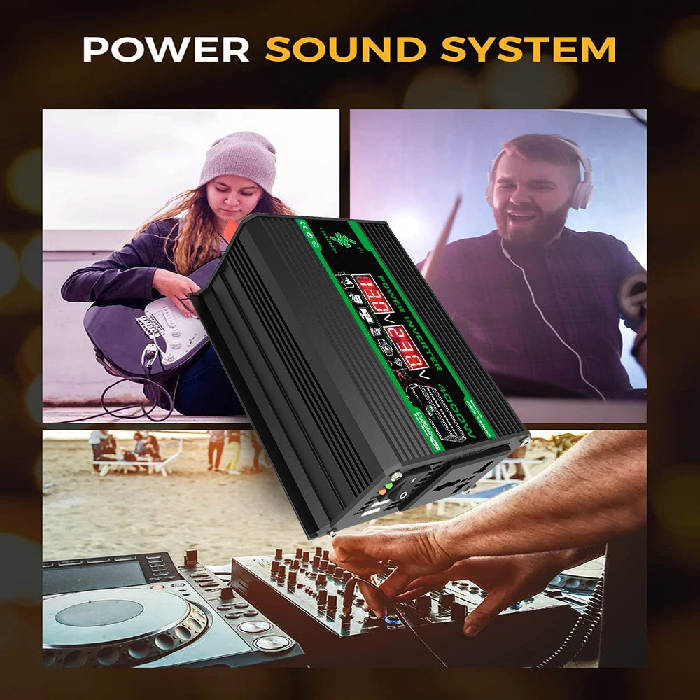 Black 400W portable power inverter with green accents and digital voltage display, suitable for camping and music gear.