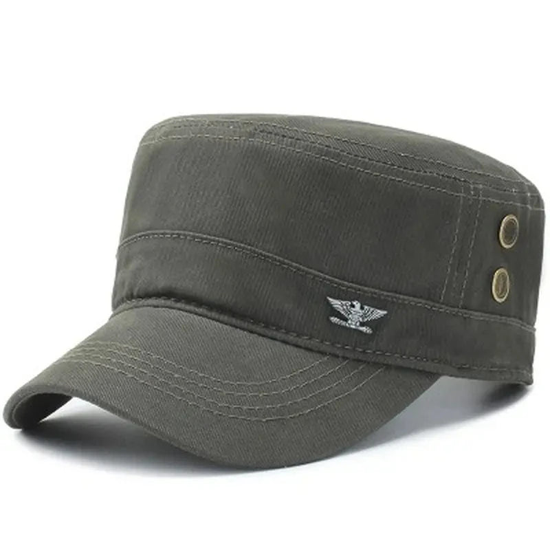 Olive green cotton military-style cadet cap with eagle emblem and side metal stud details.