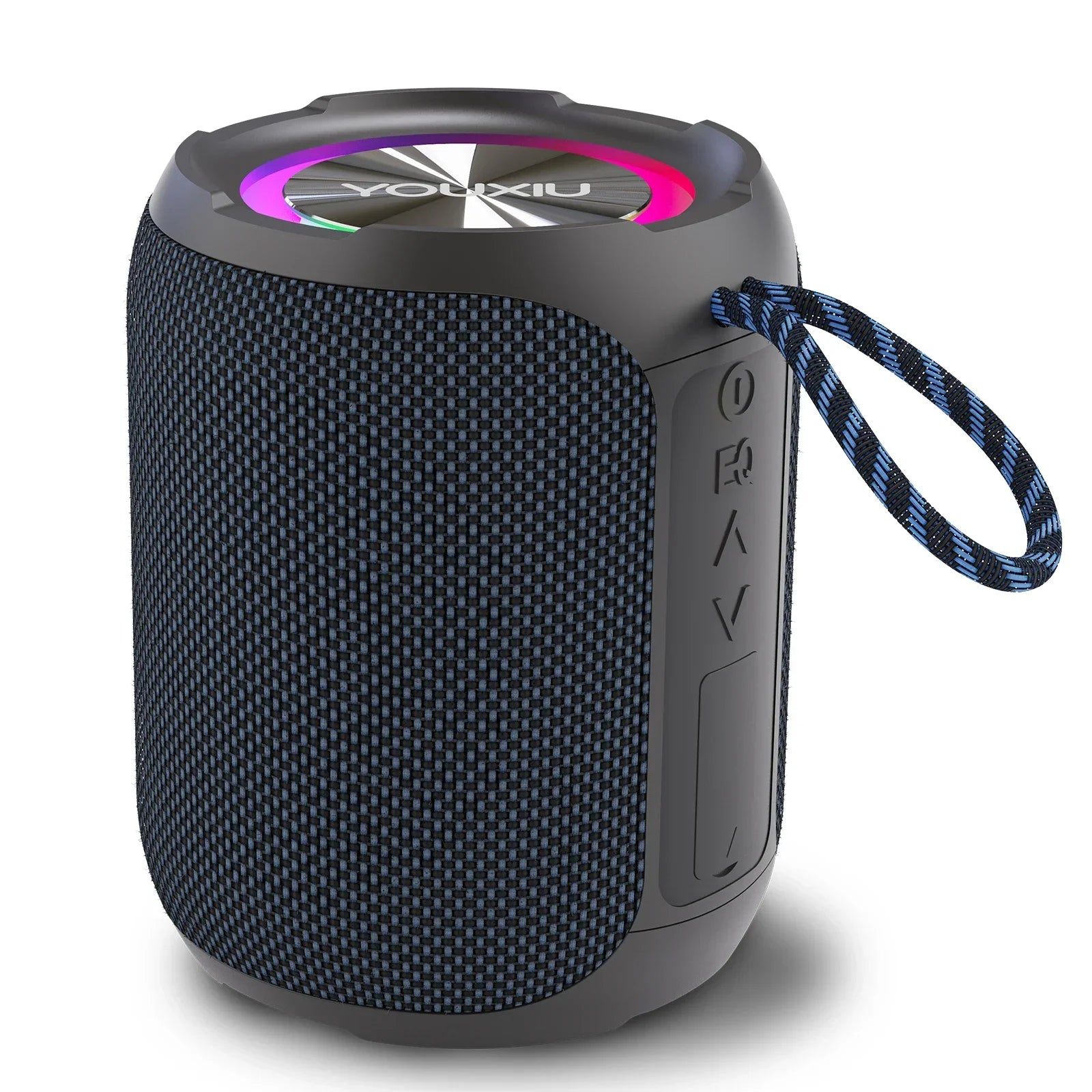 Portable cylindrical Bluetooth speaker in dark grey fabric with a multicoloured LED light ring and blue carry strap.