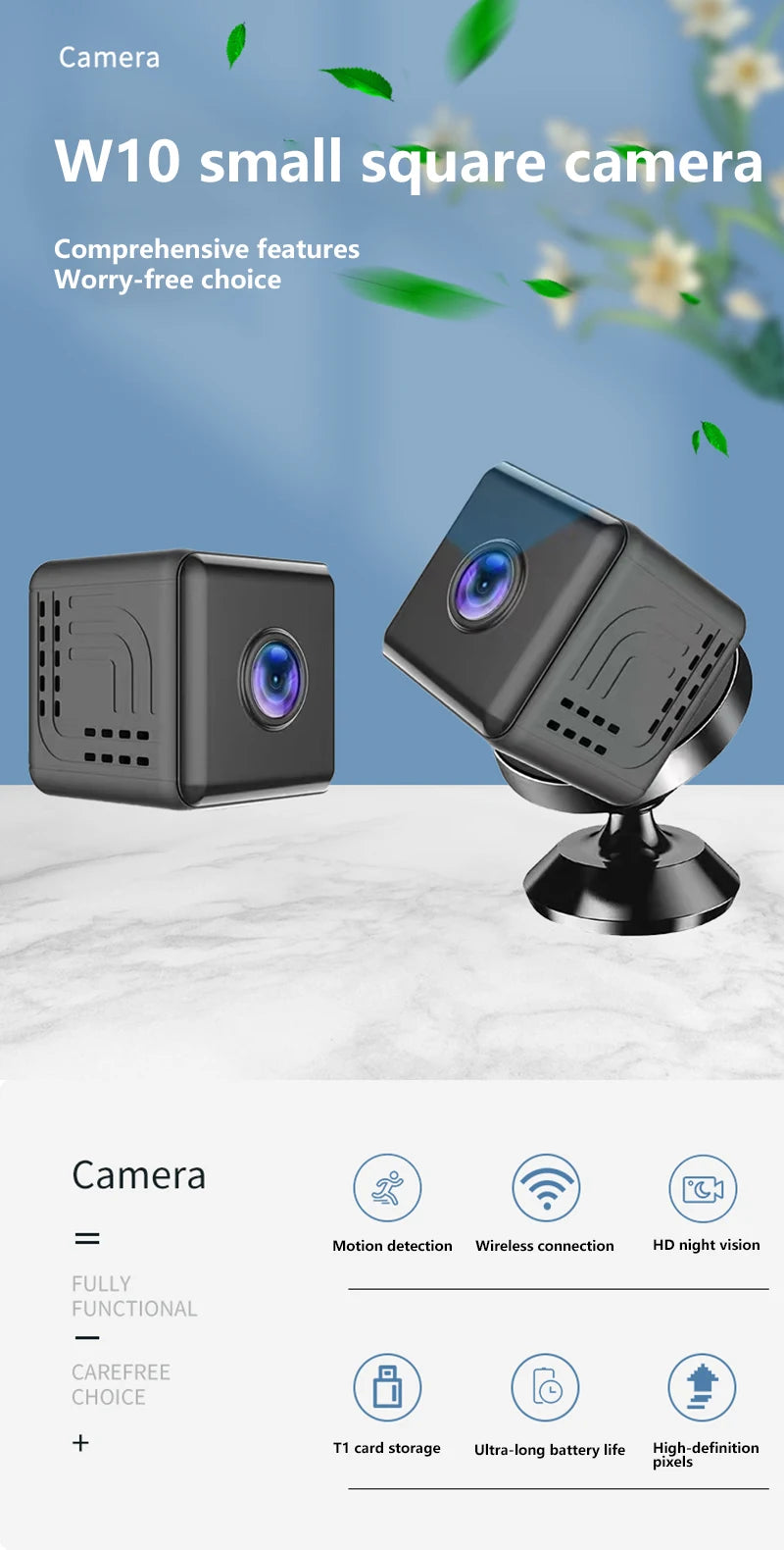 Two mini black wireless indoor security cameras shown on a stand, featuring 1080p HD, night vision, and motion sensing.