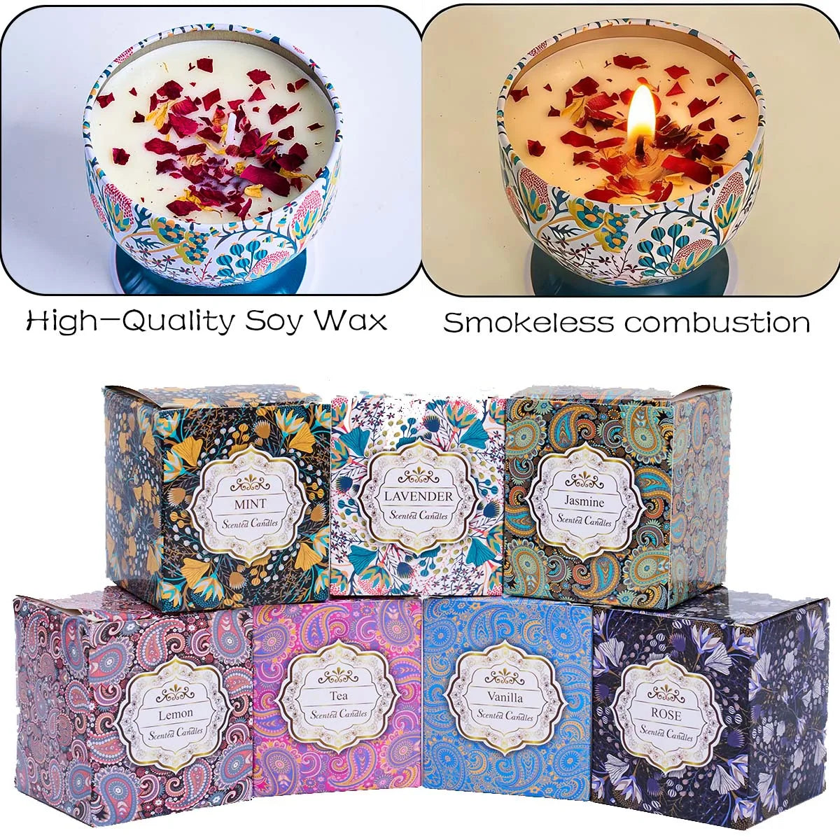 Set of seven scented soy wax candles in decorative floral patterned tins with matching gift boxes.