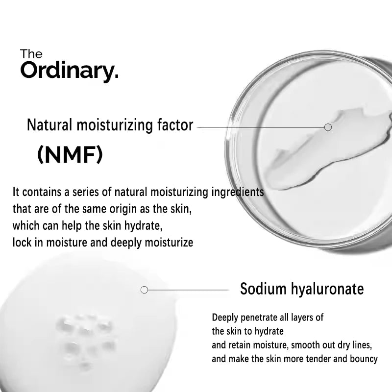 White skincare cream in a clear jar, labelled with natural moisturizing factors and sodium hyaluronate benefits.
