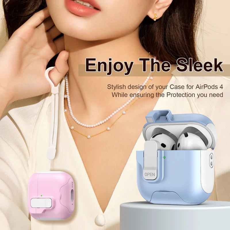 Protective silicone case for AirPods 4, featuring a secure latch and wrist strap, available in blue and pink.