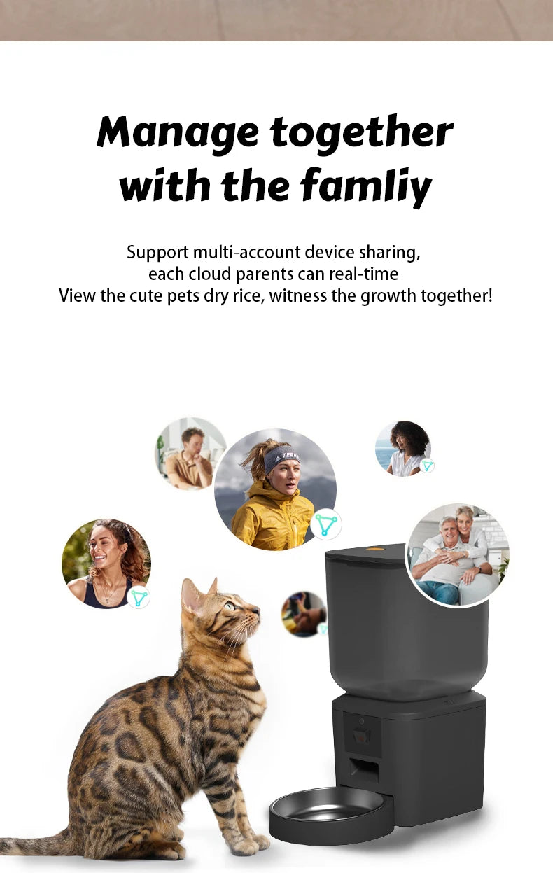A modern, matte black smart automatic pet feeder with a food bowl, shown next to a tabby cat and family photos.