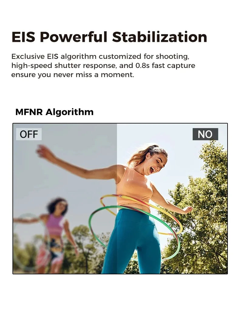 Comparison showing the benefit of EIS stabilisation on smart glasses while a person hula hoops.