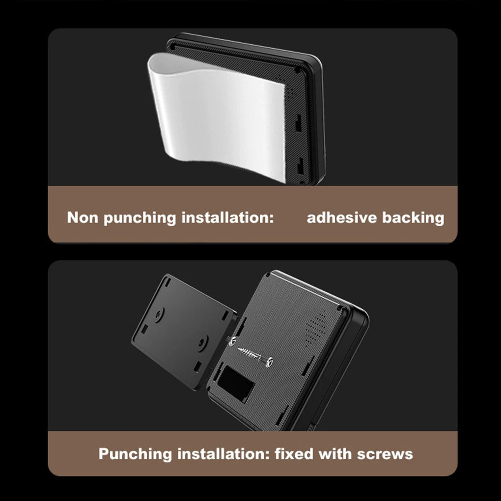 Black wireless video doorbell showing two mounting options: adhesive backing or screw-fixed installation.