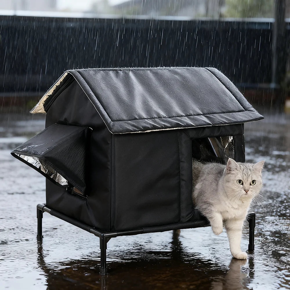 Black, waterproof, elevated outdoor cat shelter with a gabled roof, shown in the rain with a grey cat stepping out.