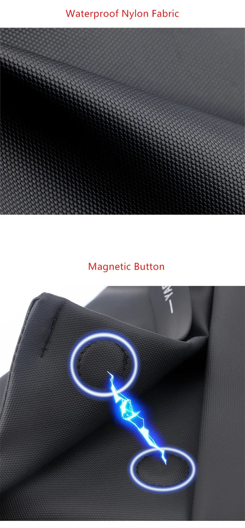 Close-up of black, waterproof nylon fabric and a magnetic button closure on an anti-theft crossbody sling bag.