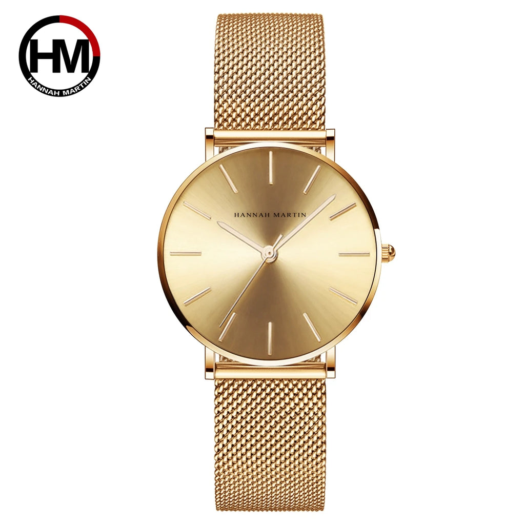 Minimalist rose gold women's watch with round face and mesh strap.