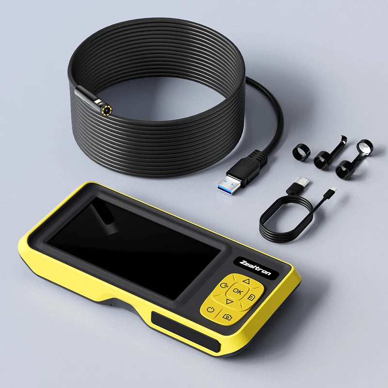 4.3-inch handheld waterproof inspection camera in yellow and black, with a coiled probe, charging cable and accessories.