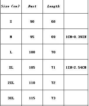 Size chart for clothing, listing measurements in centimetres for bust and length from size S to 3XL.