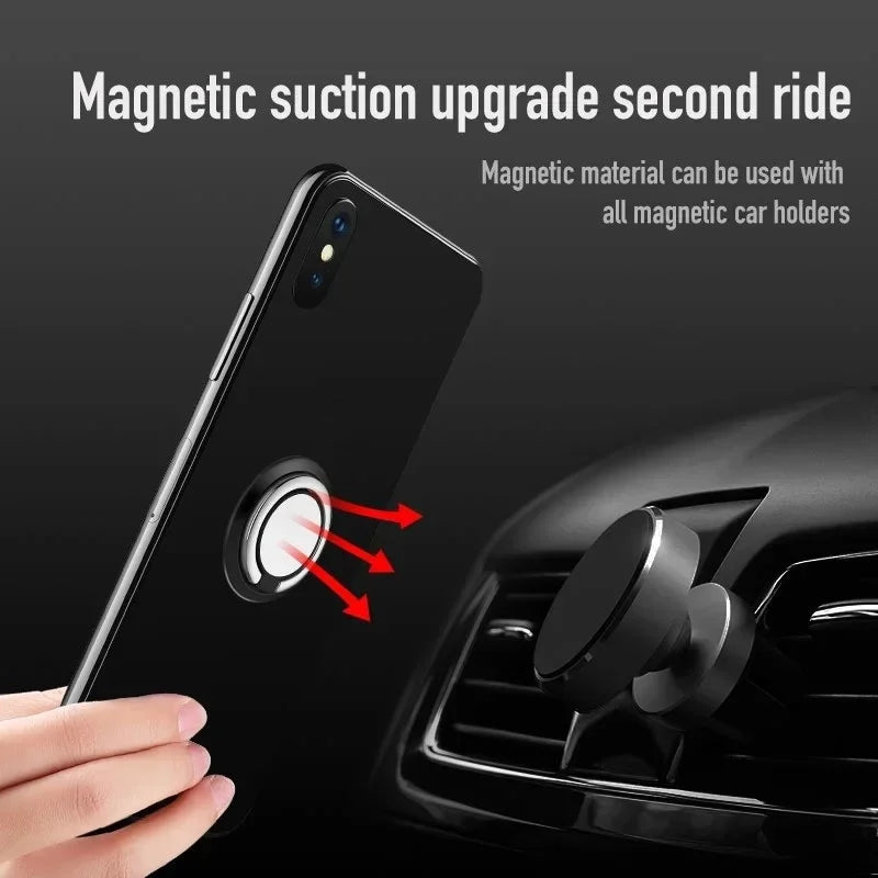 Black magnetic phone ring holder attached to a smartphone, shown mounting to a car dashboard magnetic vent holder.
