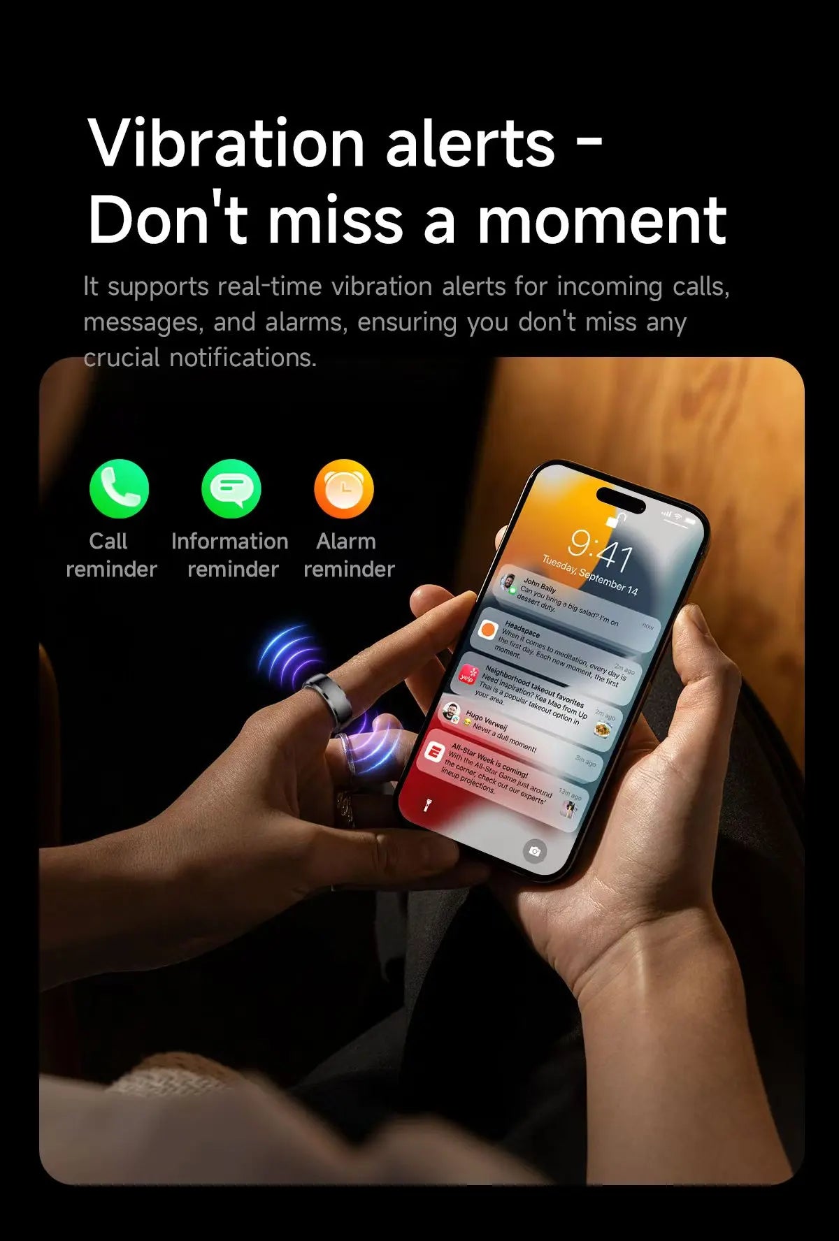 A person wears a sleek grey smart fitness ring that emits a blue vibration signal when receiving mobile notifications.
