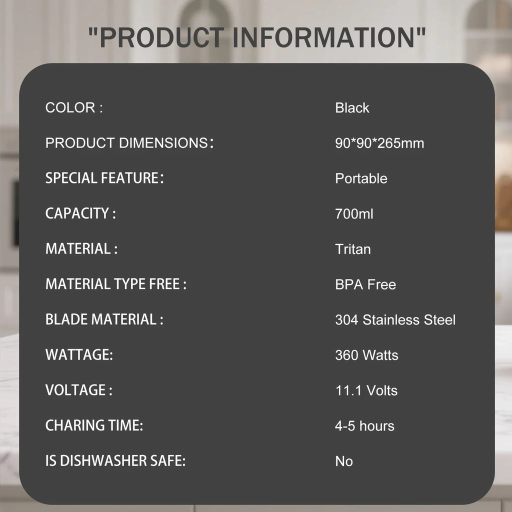 Infographic showing black portable blender specifications: 700ml capacity, 360W power, and stainless steel blades.