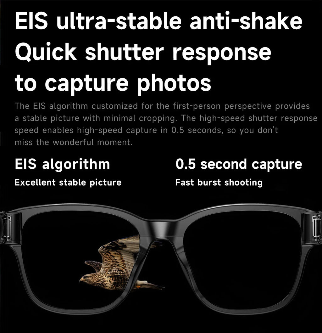 Sleek black smart glasses featuring a high-speed camera for stable, quick-capture photos and videos.