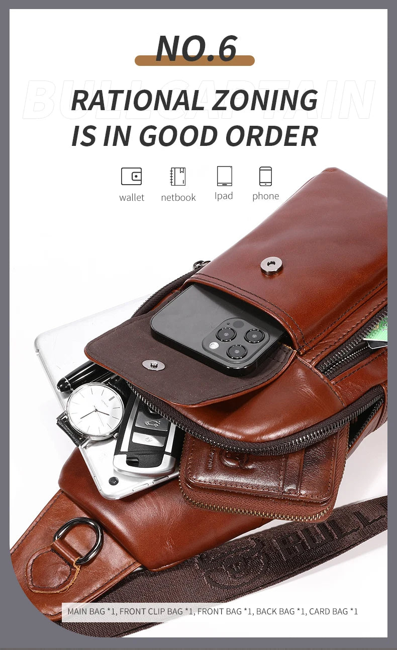 Brown leather crossbody sling bag with multiple compartments, shown filled with a phone, wallet, watch, and keys.